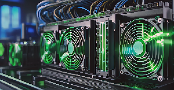 A detailed view of a Bitcoin mining rig with glowing GPUs in an industrial setting.