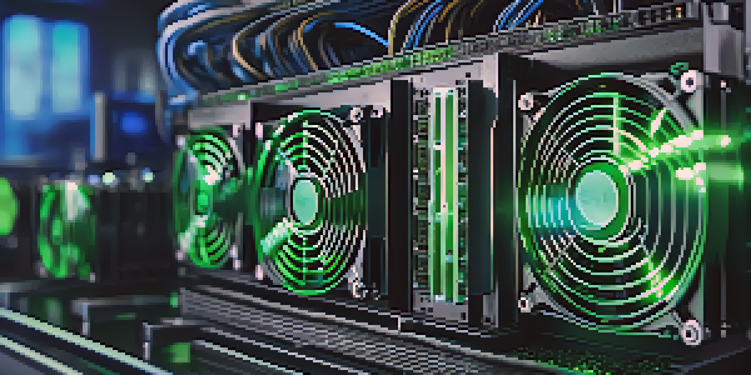 A detailed view of a Bitcoin mining rig with glowing GPUs in an industrial setting.