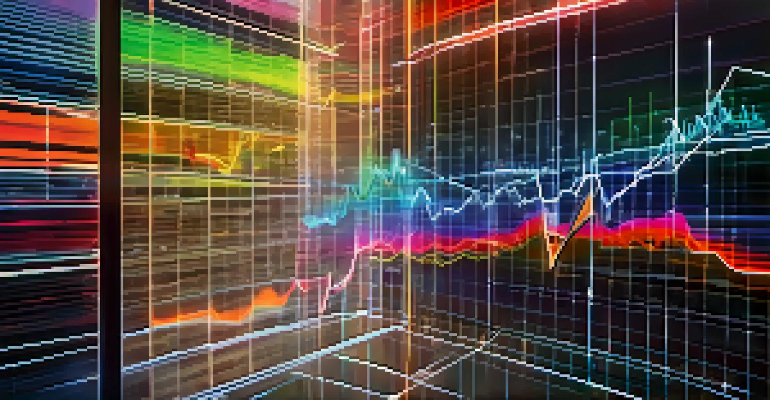 An abstract graphic depicting Bitcoin price fluctuations with a colorful graph and trading screens in the background.