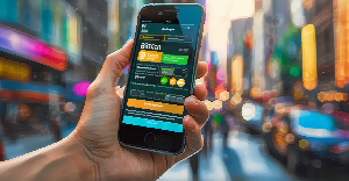 A close-up image of a hand holding a smartphone with a Bitcoin payment app, set against a blurred city street background.