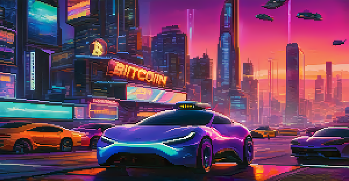 A futuristic city skyline at dusk with neon lights and flying cars, featuring a digital billboard displaying Bitcoin symbols.