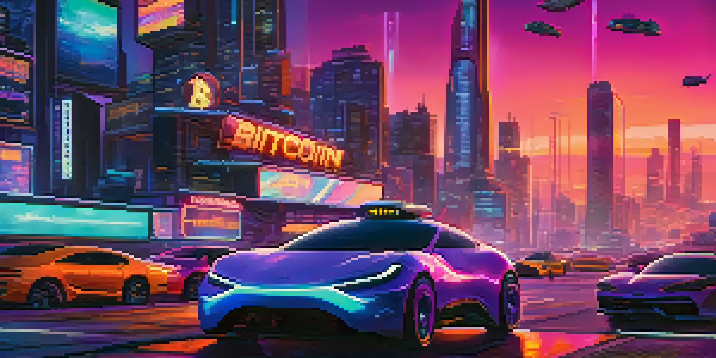 A futuristic city skyline at dusk with neon lights and flying cars, featuring a digital billboard displaying Bitcoin symbols.