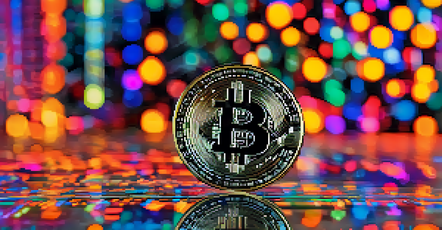 A close-up of a shiny Bitcoin coin on a modern surface, with colorful digital art and blockchain symbols in the background.