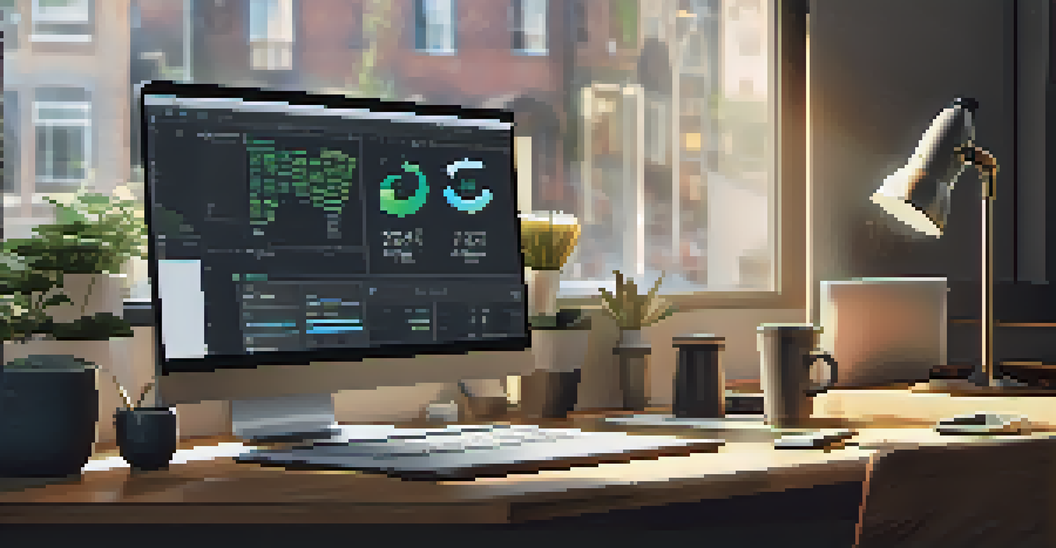 A tidy trading desk with a laptop, smartphone, and coffee cup, illuminated by natural light, creating a calm trading environment.