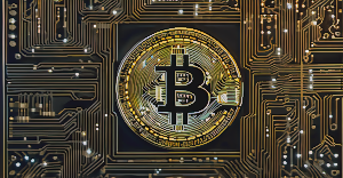 An artistic representation of the Genesis Block of Bitcoin with glowing circuitry patterns against a dark starry background.