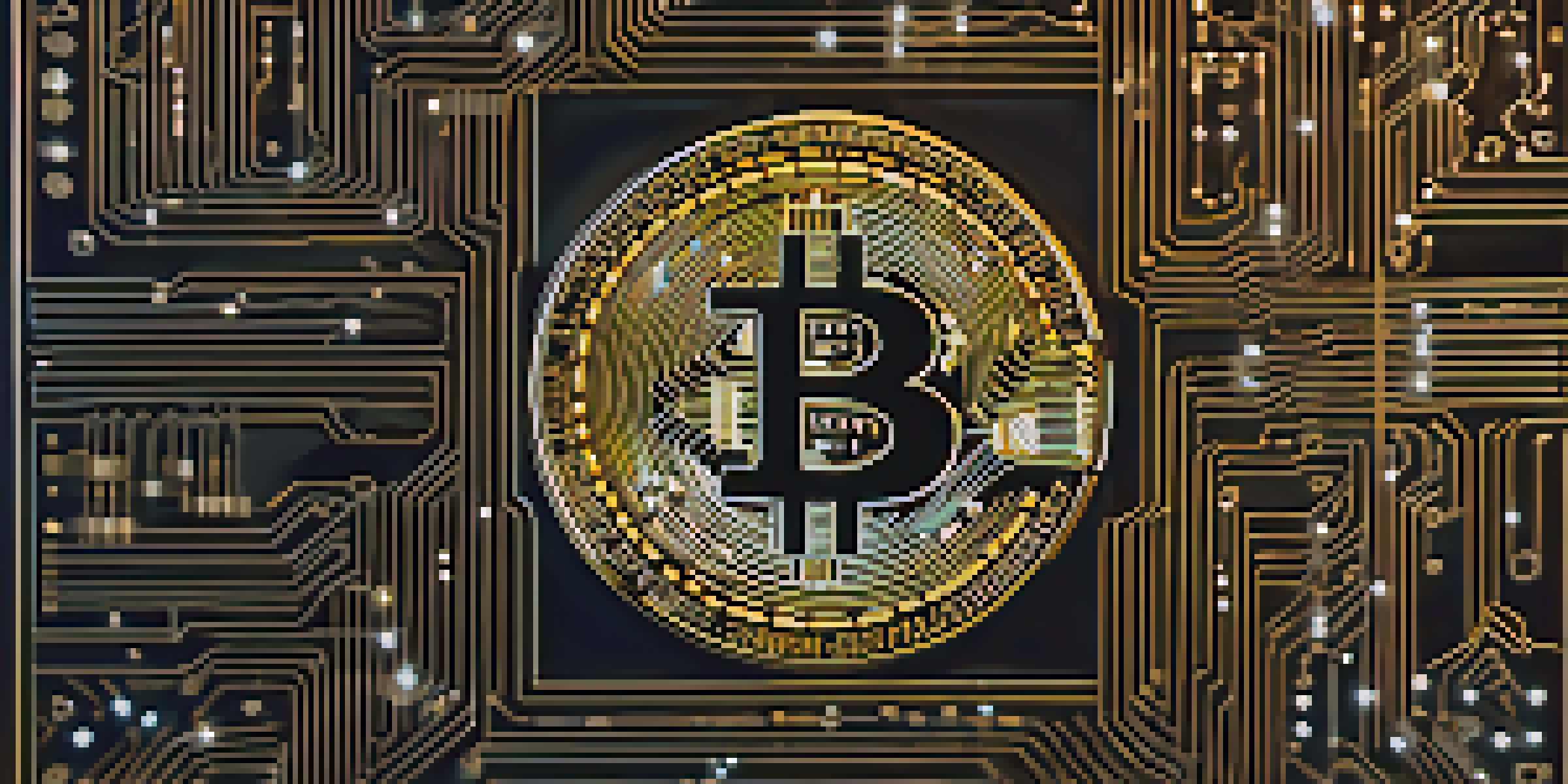 An artistic representation of the Genesis Block of Bitcoin with glowing circuitry patterns against a dark starry background.