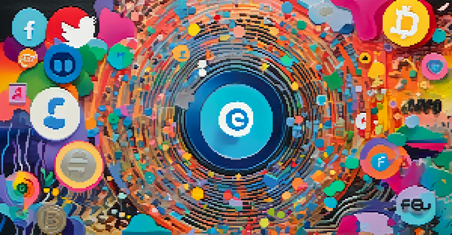 An abstract collage of social media icons and cryptocurrency graphs, with a figure in the center looking thoughtful, surrounded by vibrant colors.