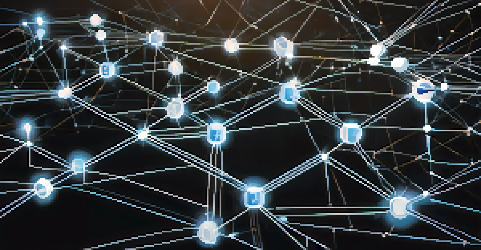 Abstract image of blockchain technology with glowing nodes and lines, illustrating security and data integrity.