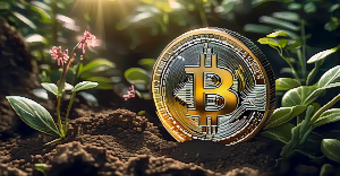A close-up view of a Bitcoin coin in soil with plants and sunlight filtering through leaves.