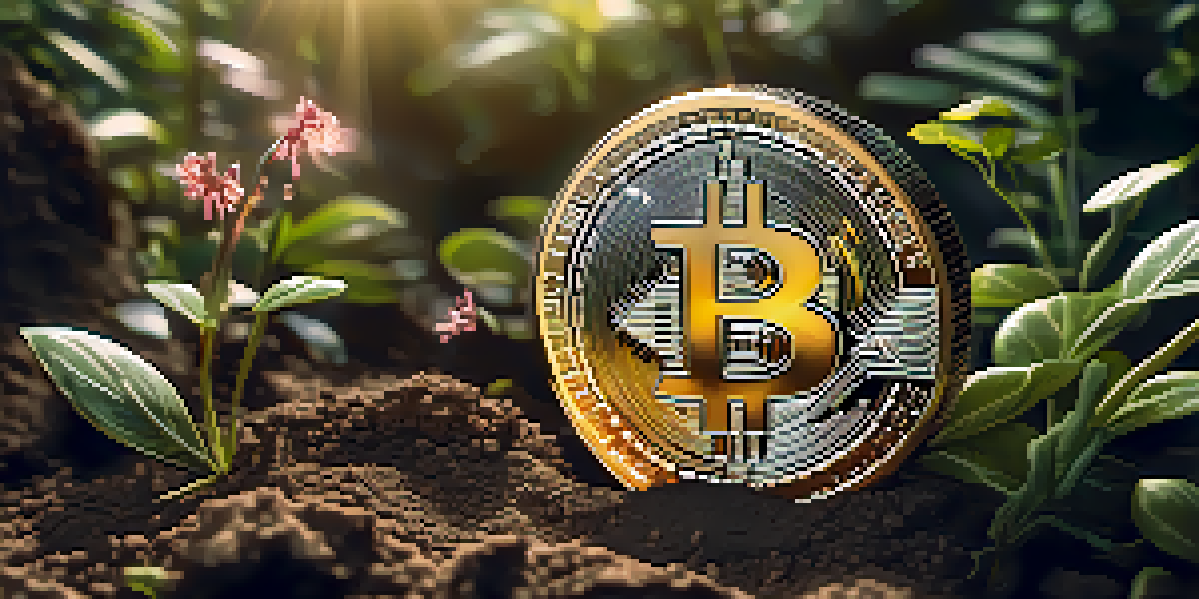 A close-up view of a Bitcoin coin in soil with plants and sunlight filtering through leaves.