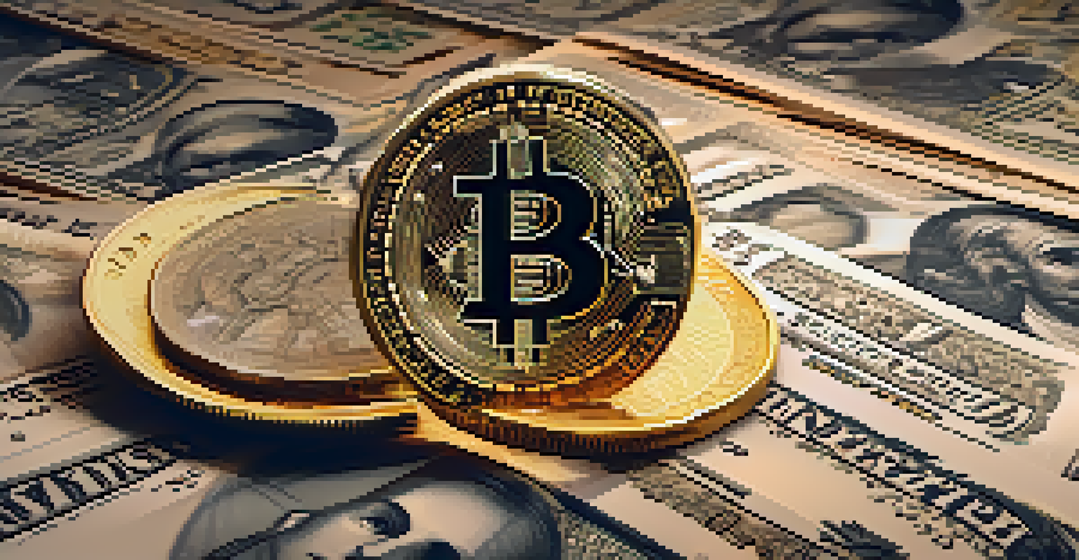 A detailed close-up of a Bitcoin coin on a stack of currency notes.