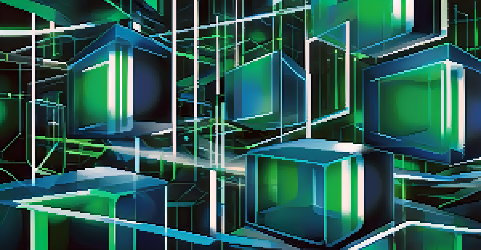 Abstract illustration of blockchain technology with glowing interconnected blocks and chains in blue and green colors.
