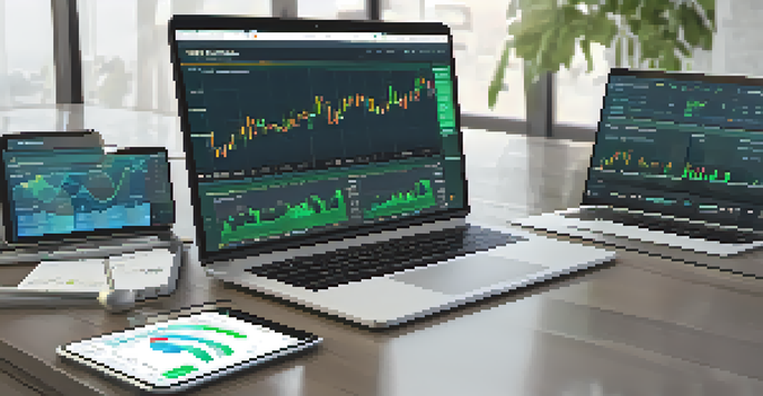A modern Bitcoin trading platform interface showcasing a dashboard on a desktop, tablet, and smartphone, featuring real-time prices and charts in soft blue and green colors.