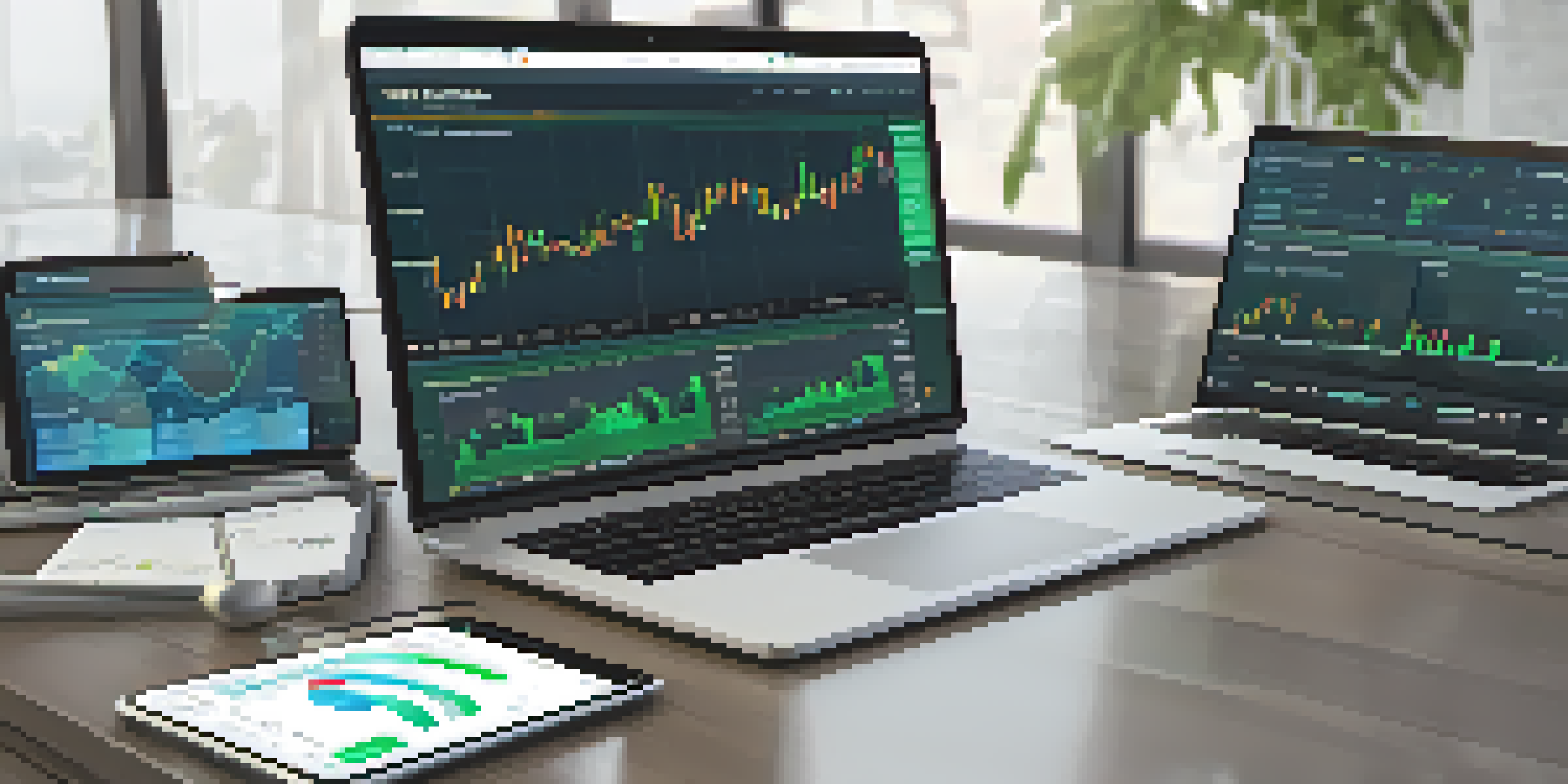 A modern Bitcoin trading platform interface showcasing a dashboard on a desktop, tablet, and smartphone, featuring real-time prices and charts in soft blue and green colors.