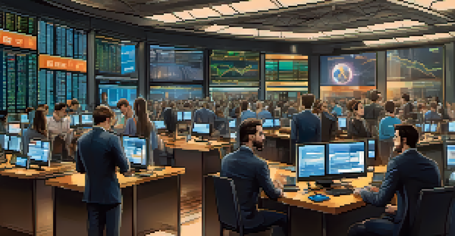A busy cryptocurrency exchange with screens showing Bitcoin prices and diverse investors in discussions.