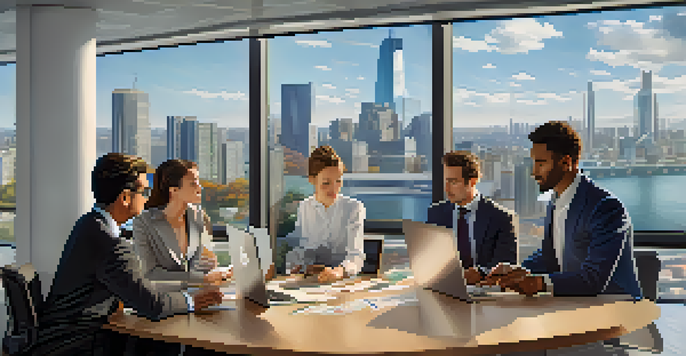 A diverse group of professionals discussing Bitcoin in a modern corporate office with a view of the city skyline.