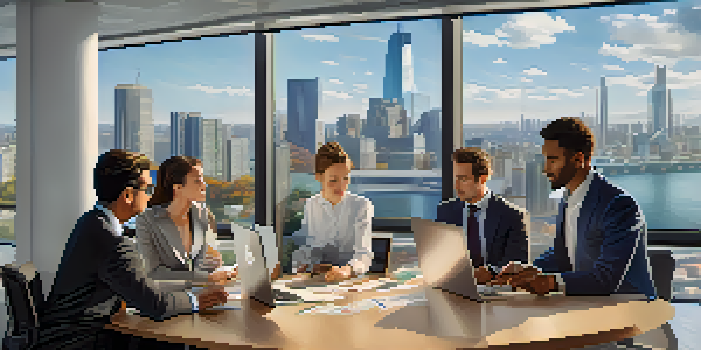 A diverse group of professionals discussing Bitcoin in a modern corporate office with a view of the city skyline.