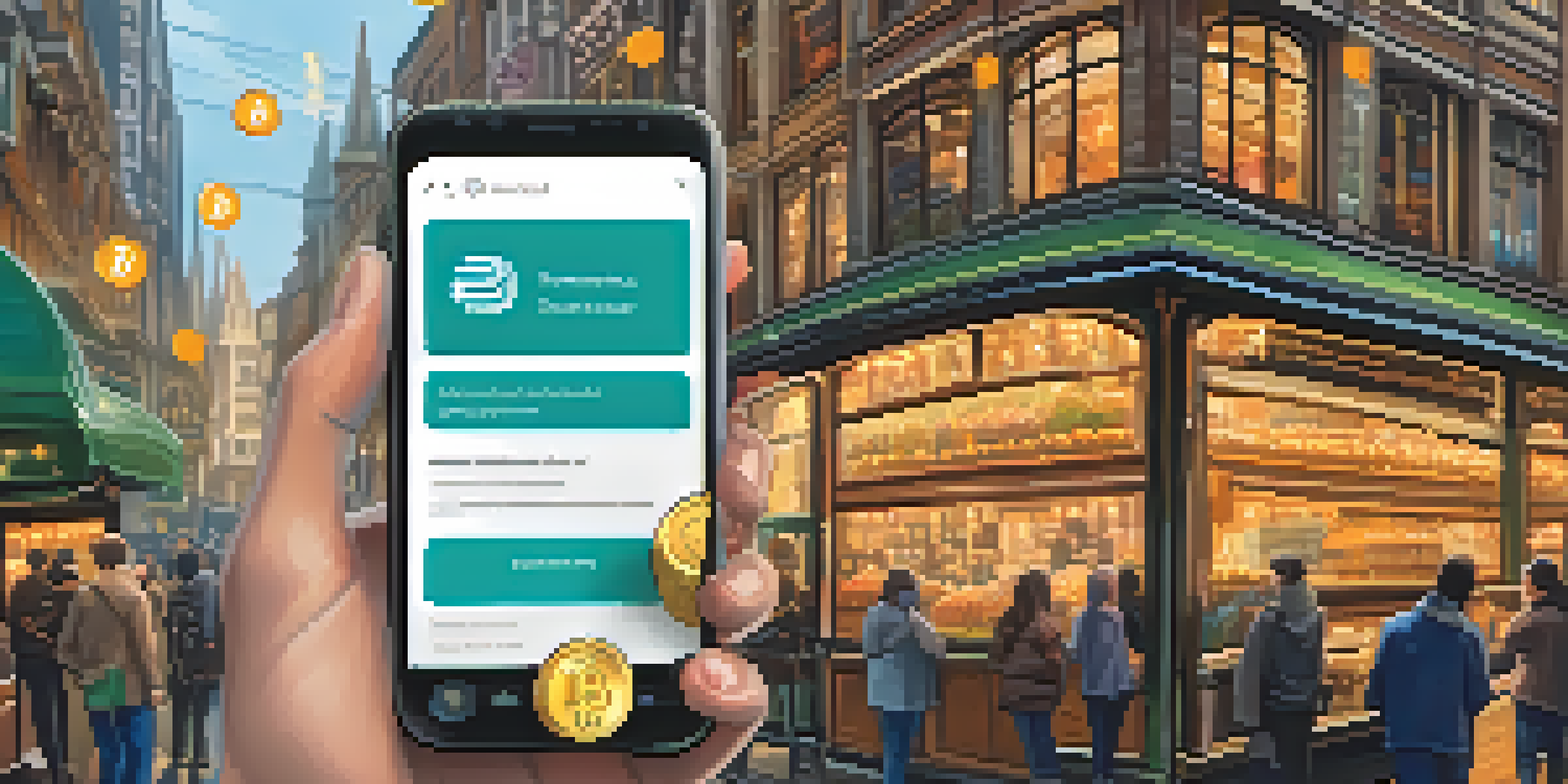 A close-up of a hand holding a smartphone with a smart contract interface, set against a busy market scene.