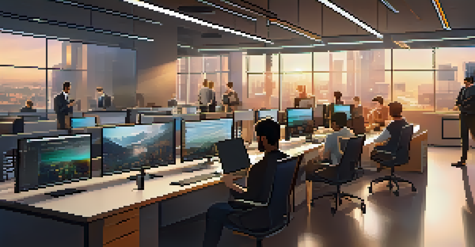 A modern office with developers working on Bitcoin SV, featuring monitors displaying blockchain data and a collaborative workspace.
