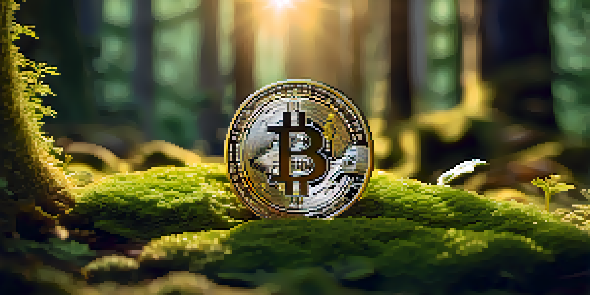 A close-up of a Bitcoin coin on green moss in a sunlit forest, with soft sunlight highlighting the coin's designs.