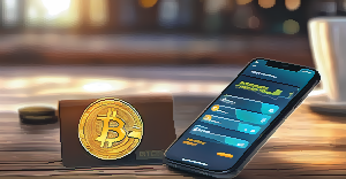 A smartphone displaying a digital wallet app with Bitcoin transactions on a wooden table, illuminated by sunlight.