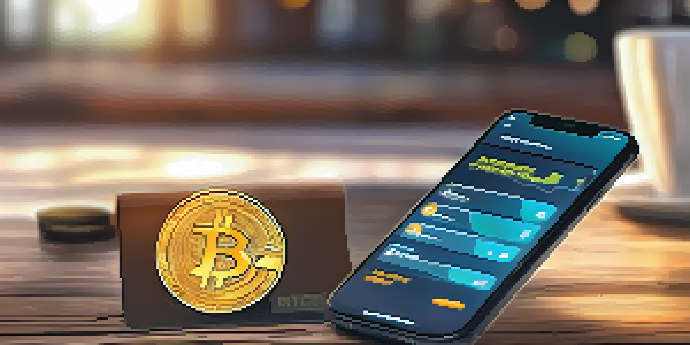 A smartphone displaying a digital wallet app with Bitcoin transactions on a wooden table, illuminated by sunlight.