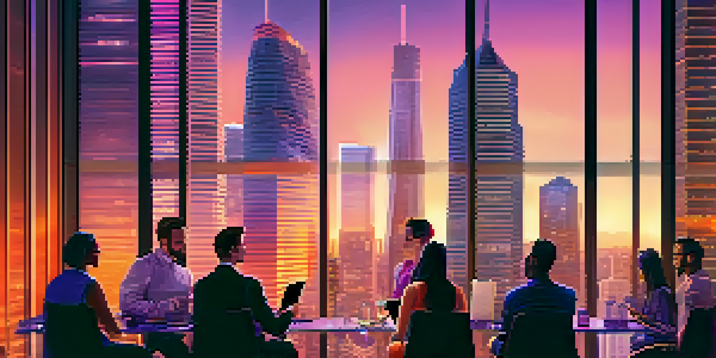 A city skyline at sunset with diverse people discussing real estate investments and a digital tablet showing Bitcoin graphics.