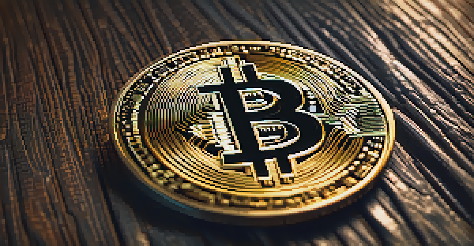A close-up of a Bitcoin coin on a dark wooden surface, illuminated to show its details against a blurred financial background.
