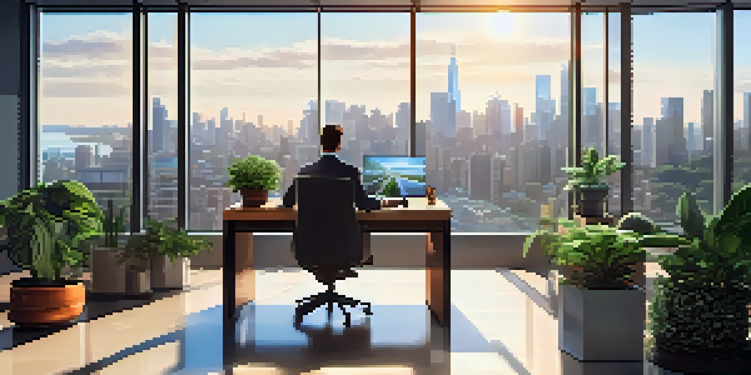 A professional real estate agent in a modern office, reviewing property listings with a Bitcoin symbol on the laptop screen and a city skyline visible through the window.