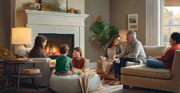 A warm and inviting living room where a family enjoys time together, emphasizing the emotional connection of sending money home.