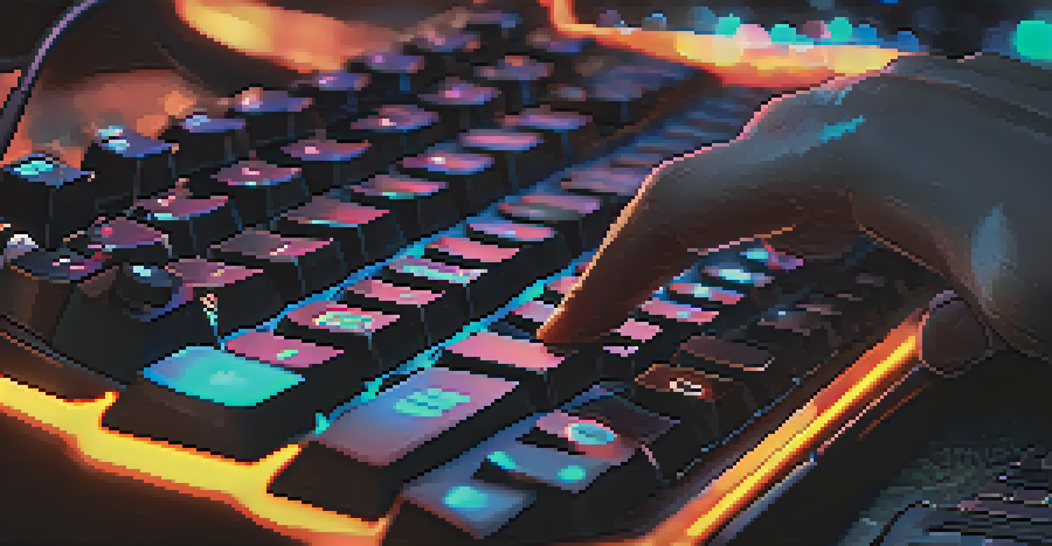 A close-up of a gamer's hands on a keyboard with Bitcoin-themed keycaps, illuminated in a dramatic light.