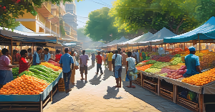 A busy marketplace with people using smartphones for Bitcoin transactions among colorful stalls of fresh produce.