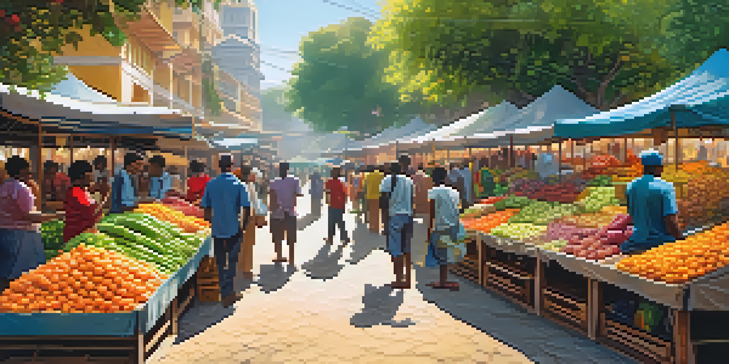A busy marketplace with people using smartphones for Bitcoin transactions among colorful stalls of fresh produce.