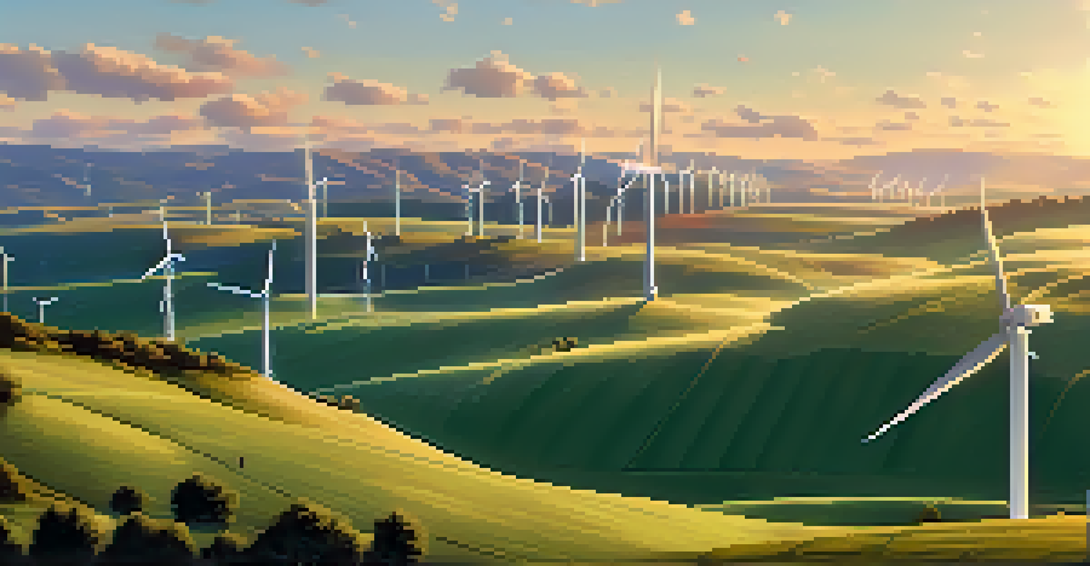 A wind farm with spinning turbines and a Bitcoin mining operation in the foreground.