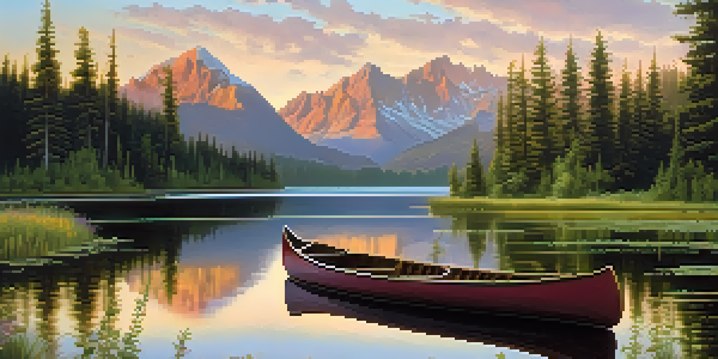 A beautiful mountain range at sunrise with a lake in the foreground reflecting the colors of the sky.