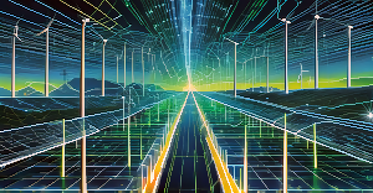 An abstract depiction of AI algorithms optimizing Bitcoin mining with renewable energy sources.