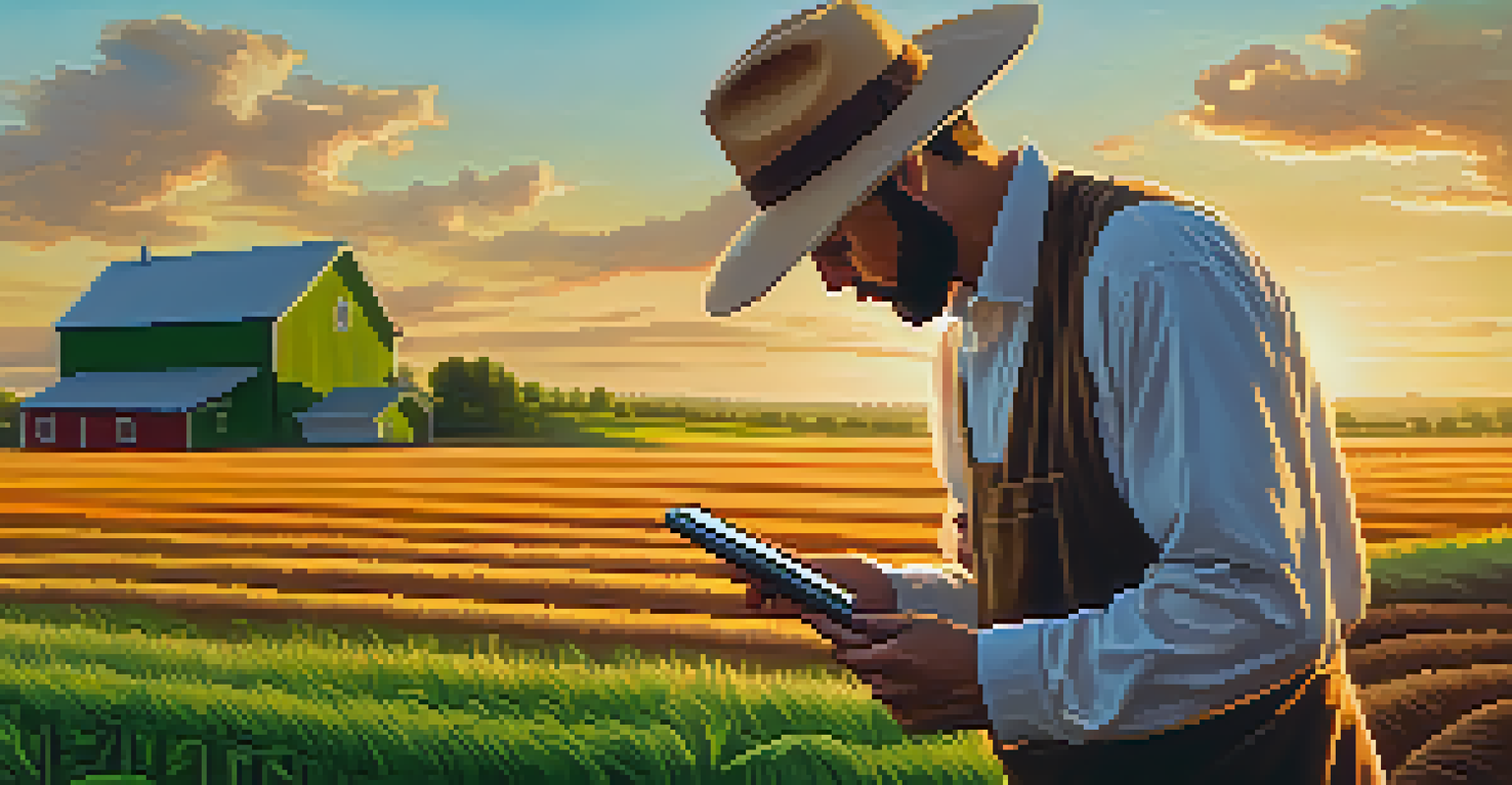 A farmer in a green field checking Bitcoin prices on a smartphone during sunset.