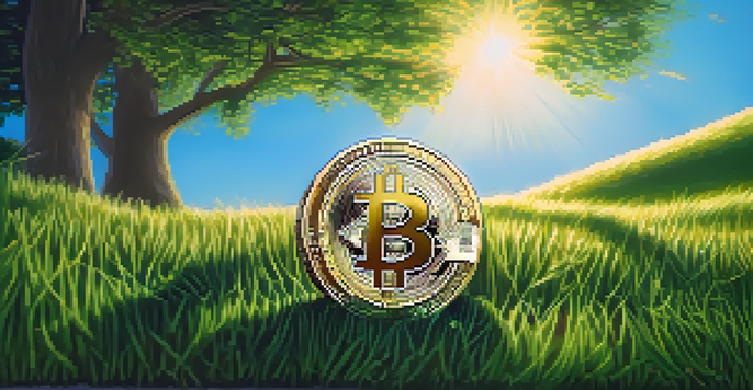 A golden Bitcoin coin resting on green grass under a clear blue sky, symbolizing digital wealth and tranquility.