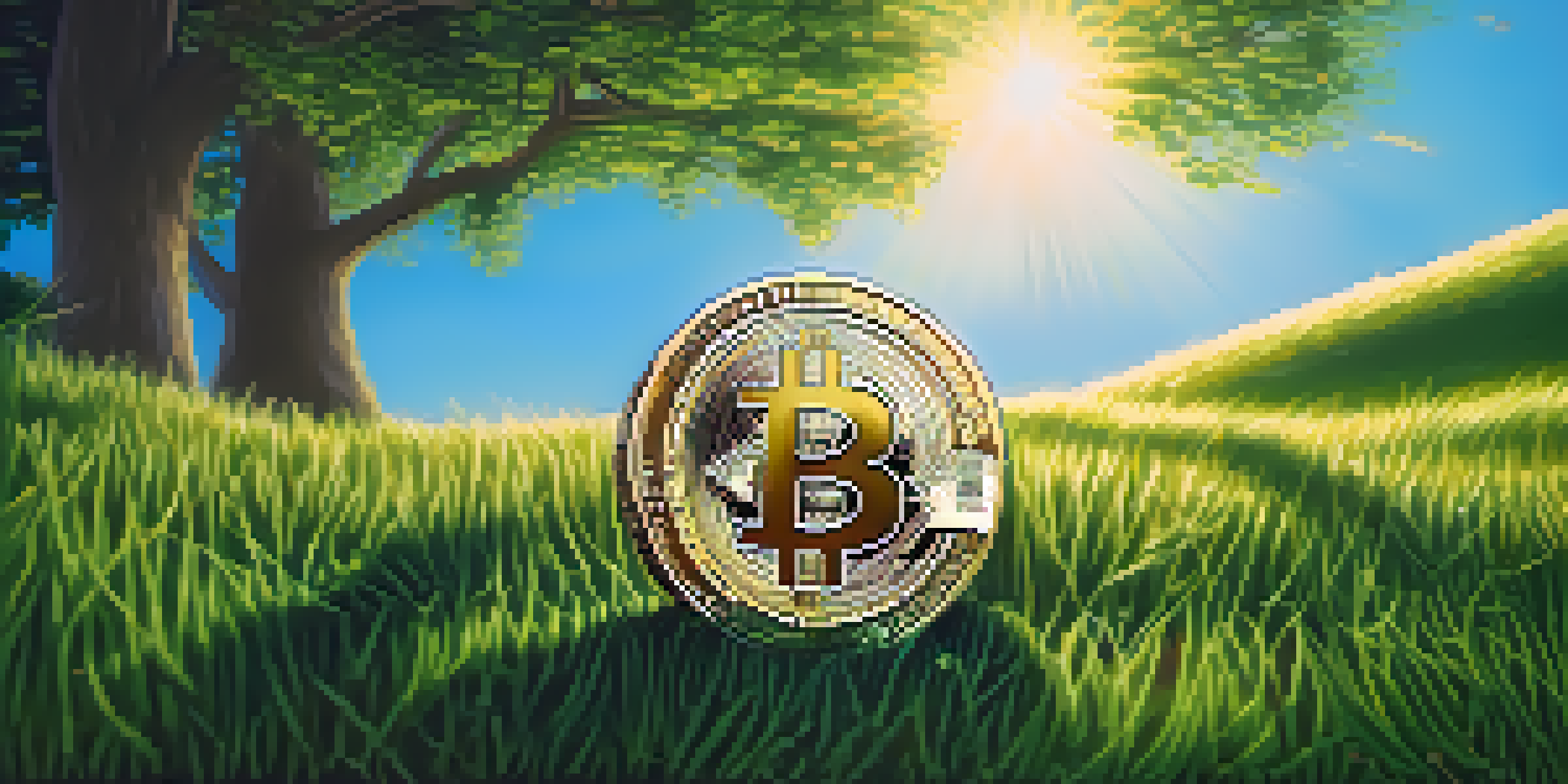 A golden Bitcoin coin resting on green grass under a clear blue sky, symbolizing digital wealth and tranquility.