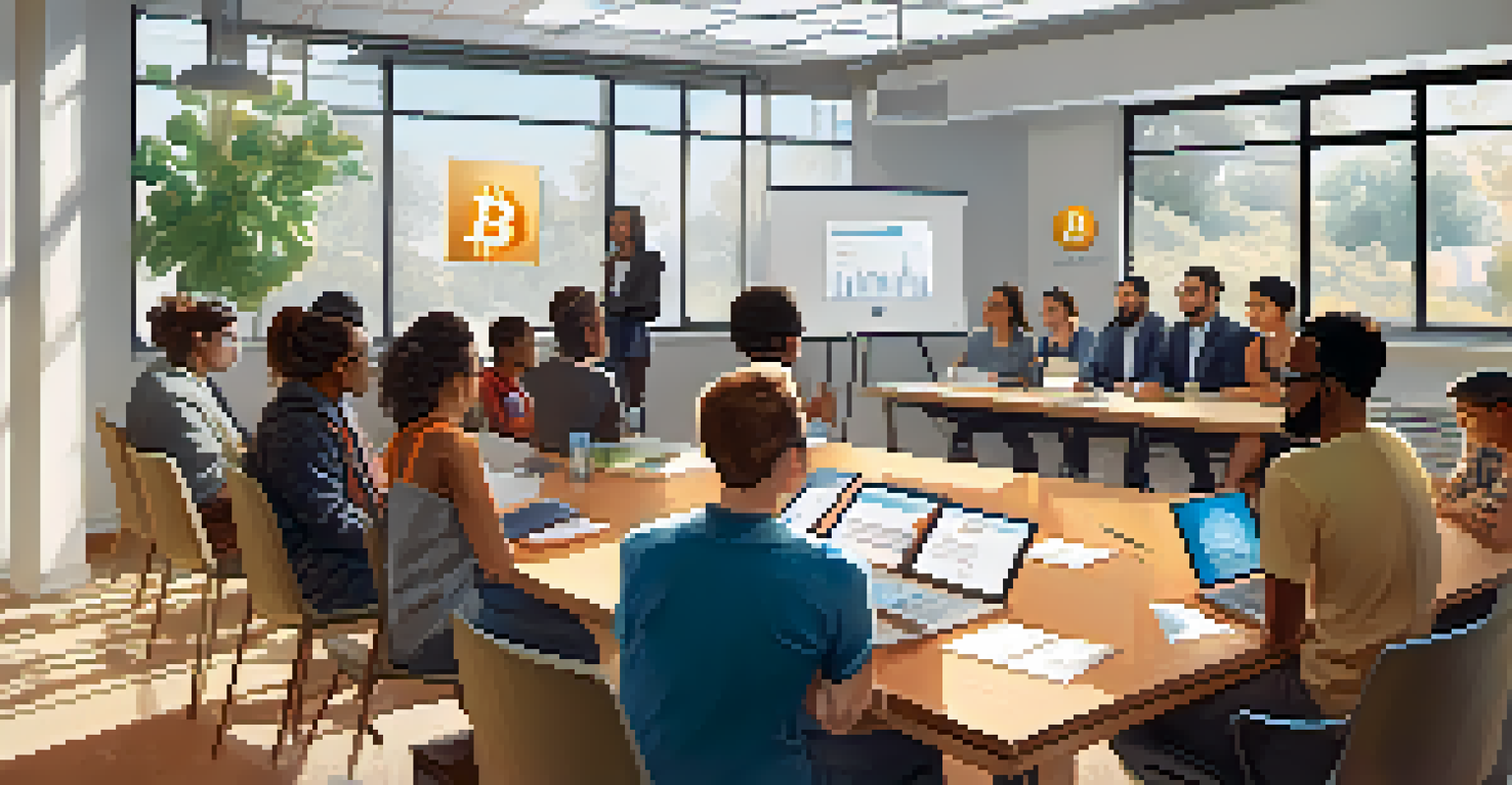 A diverse group of individuals in an educational workshop, learning about Bitcoin from a speaker, with charts and graphs in a bright room.