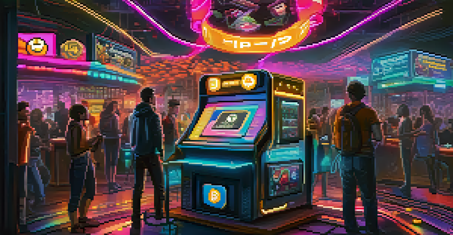 A futuristic gaming platform with neon lights, where players are making in-game purchases using Bitcoin, surrounded by digital currency symbols.