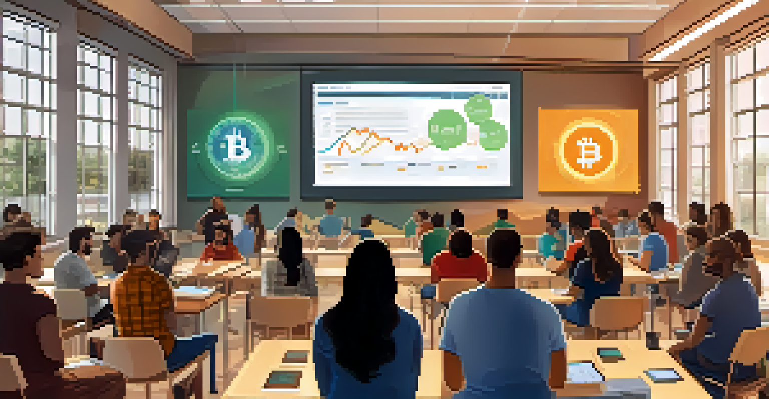 A community workshop teaching individuals about Bitcoin, with a diverse group of people watching infographics on a screen and engaging with each other.