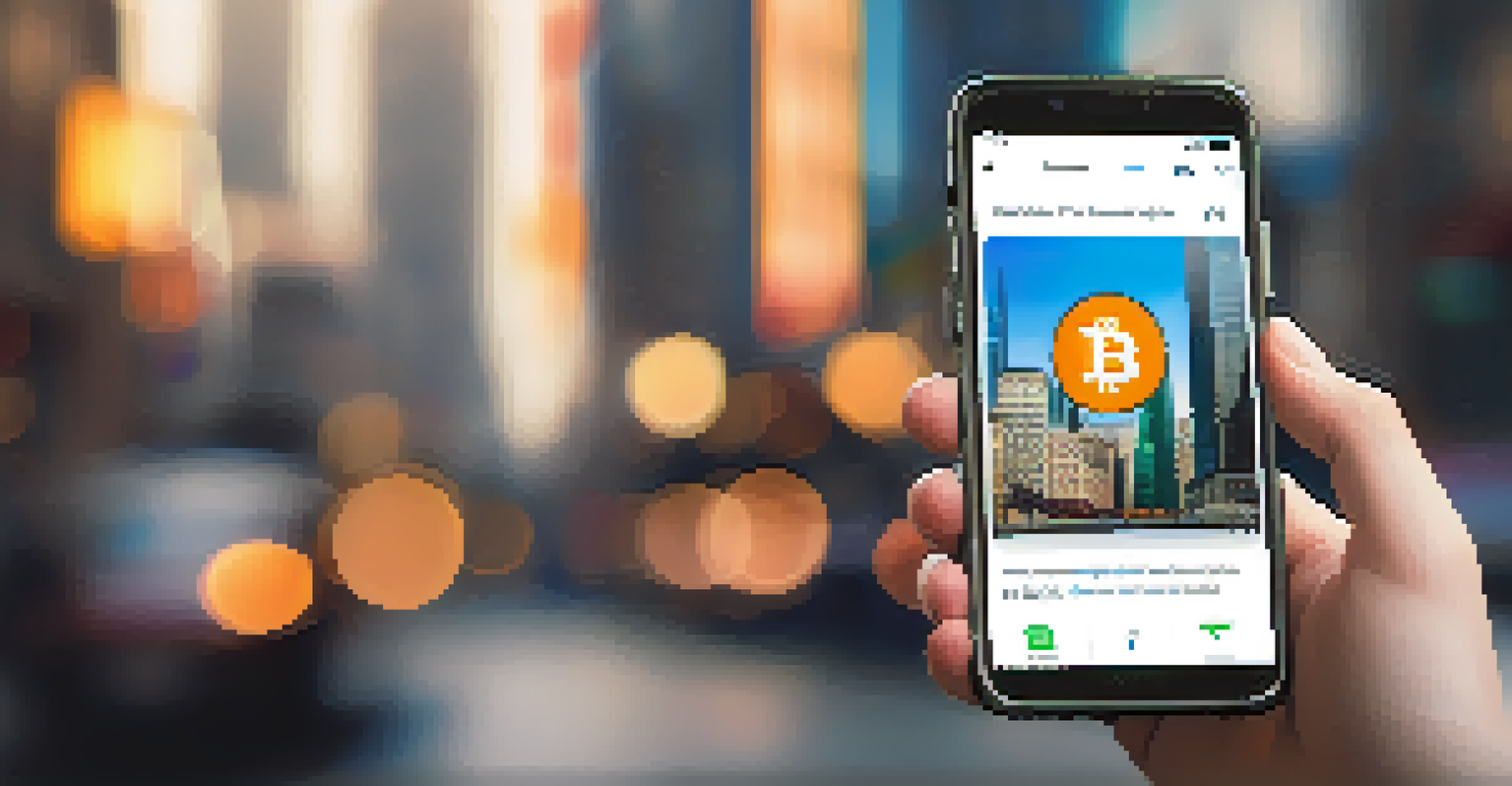 A close-up of a hand holding a smartphone with a Bitcoin wallet app, set against a blurred backdrop of a busy city, showcasing access to financial services.