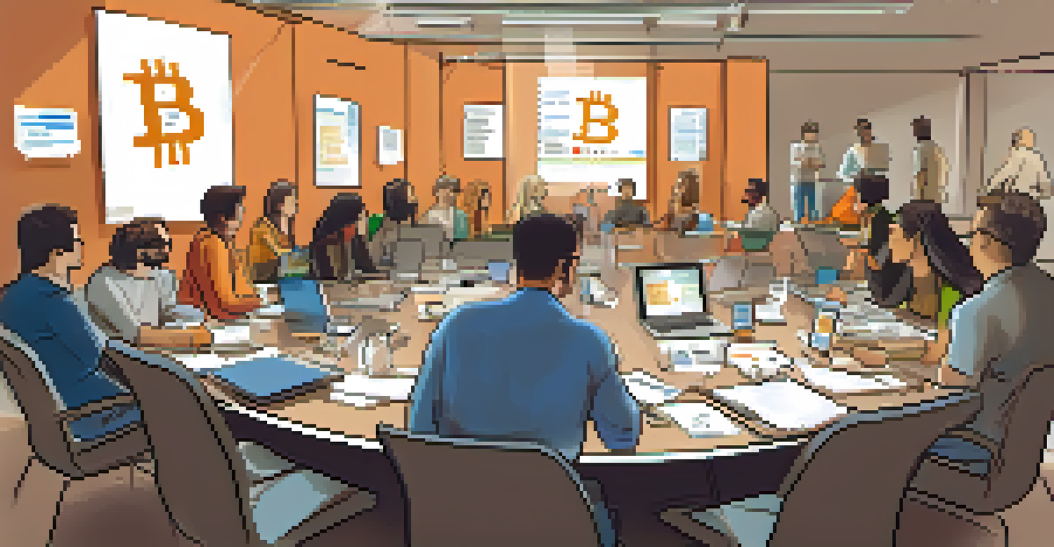 A collaborative roundtable discussion of Bitcoin Improvement Proposals, featuring a diverse group of individuals brainstorming ideas.