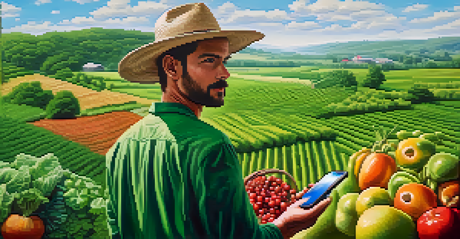 A farmer in a green field holding fresh produce and a smartphone showing a Bitcoin wallet, with a digital globe in the background.