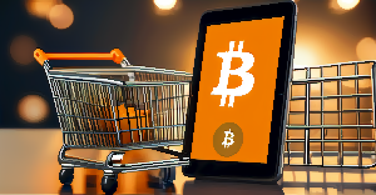 A close-up of a shopping cart full of products with a Bitcoin symbol, set against an online shopping website.