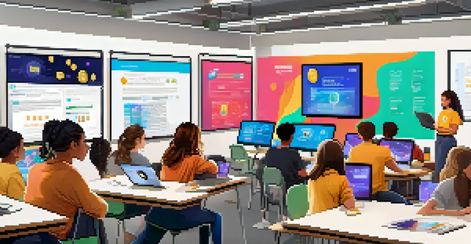 A colorful classroom with students learning about cryptocurrency through a virtual lesson, featuring a presentation on Bitcoin.