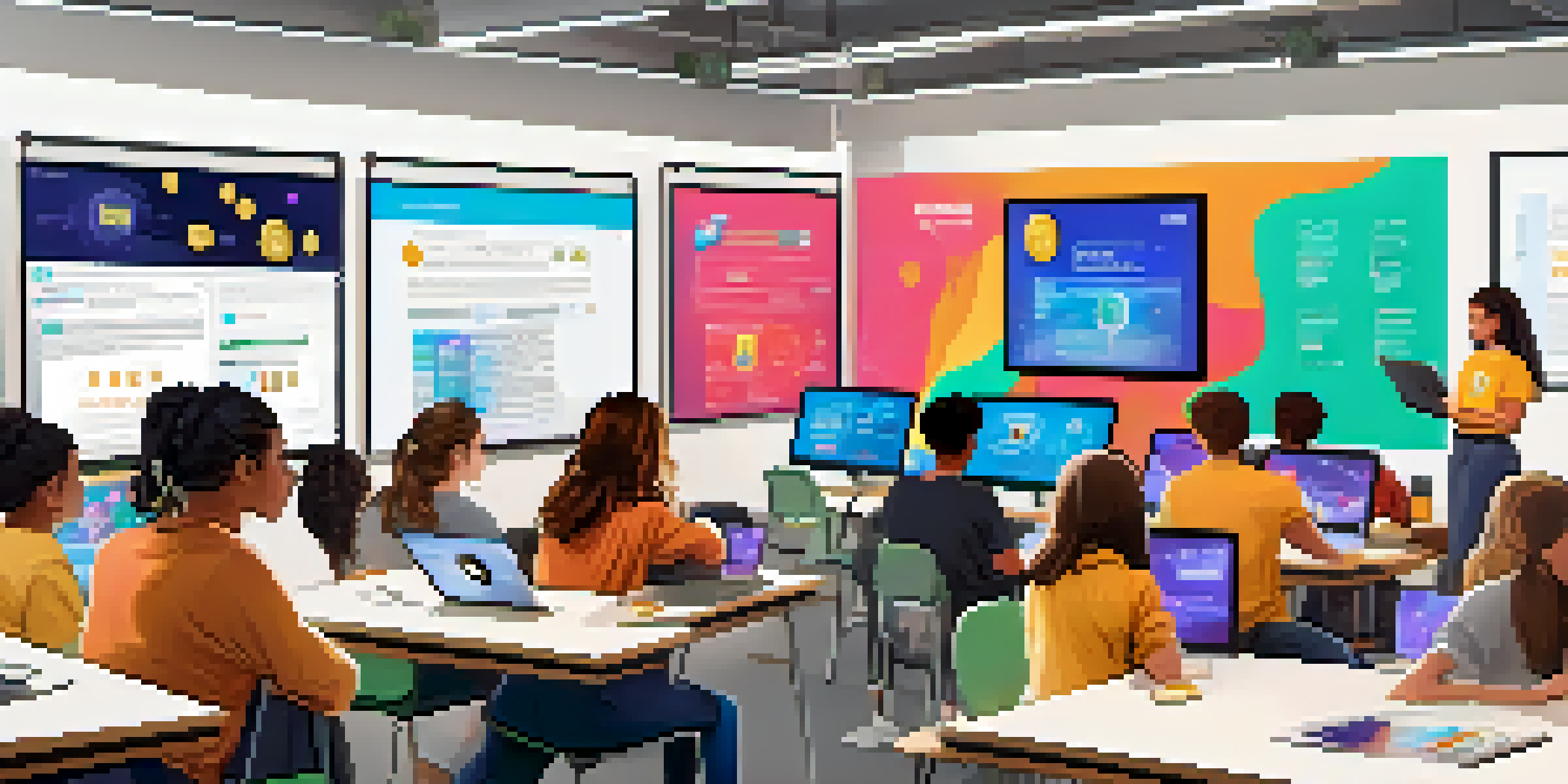 A colorful classroom with students learning about cryptocurrency through a virtual lesson, featuring a presentation on Bitcoin.