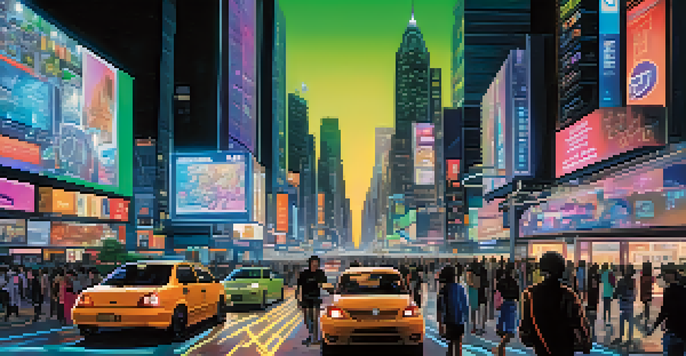 A busy city street at night with neon lights and digital billboards, showcasing people using smartphones for cryptocurrency transactions.