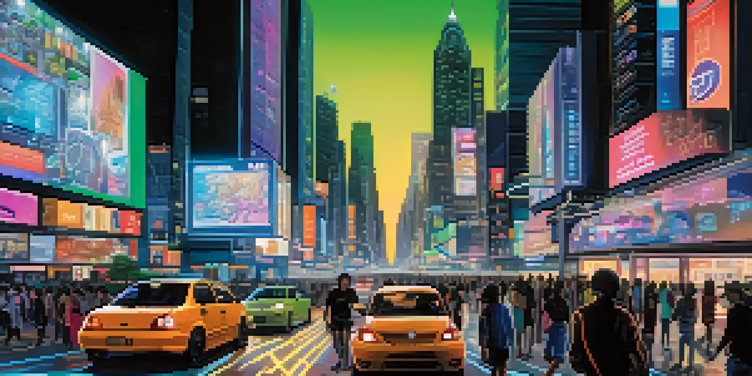 A busy city street at night with neon lights and digital billboards, showcasing people using smartphones for cryptocurrency transactions.
